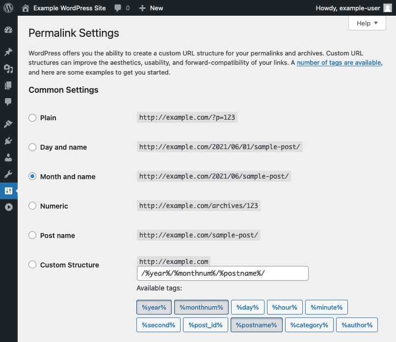 WordPresss permalink style options