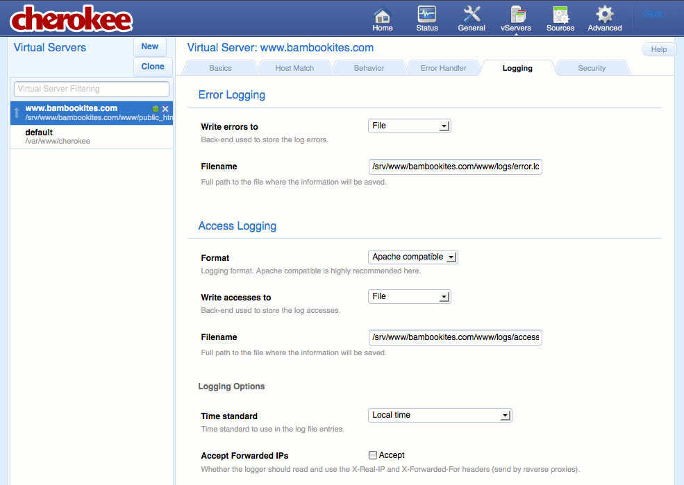 Specifying logging settings on the Logging tab of the vServers page of the Cherokee admin panel on Fedora 13.