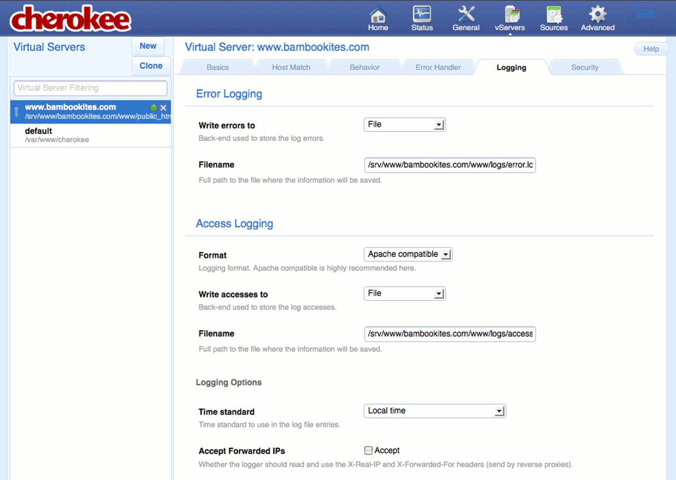 Specifying logging settings on the Logging tab of the vServers page of the Cherokee admin panel on Fedora 13.