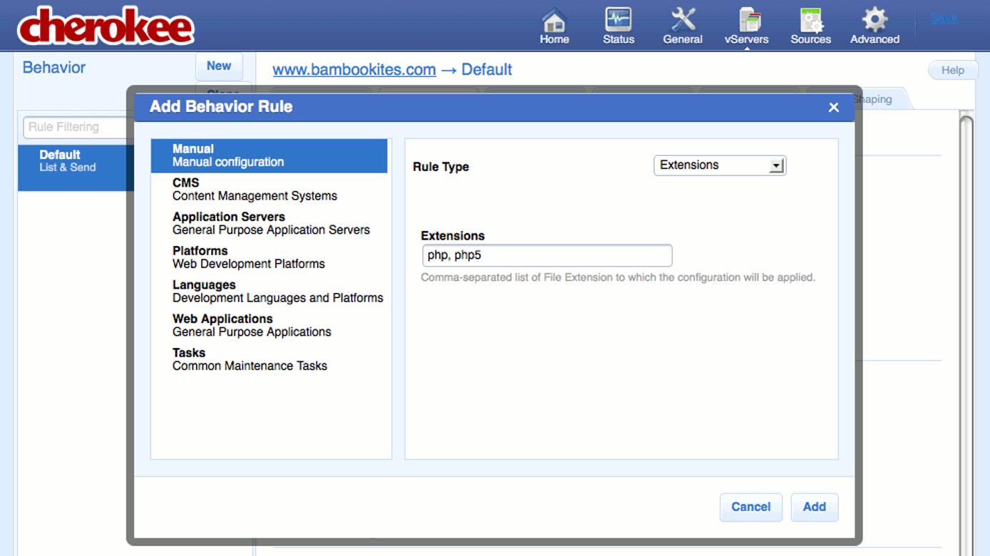 Creating a new extensions rule on the Behavior tab on the vServers page of the Cherokee admin panel on Fedora 13.
