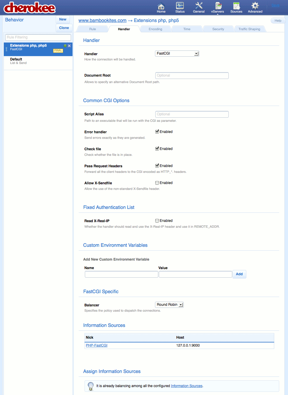 FastCGI settings for a new extensions rule on the Behavior tab on the vServers page of the Cherokee admin panel on Fedora 13.