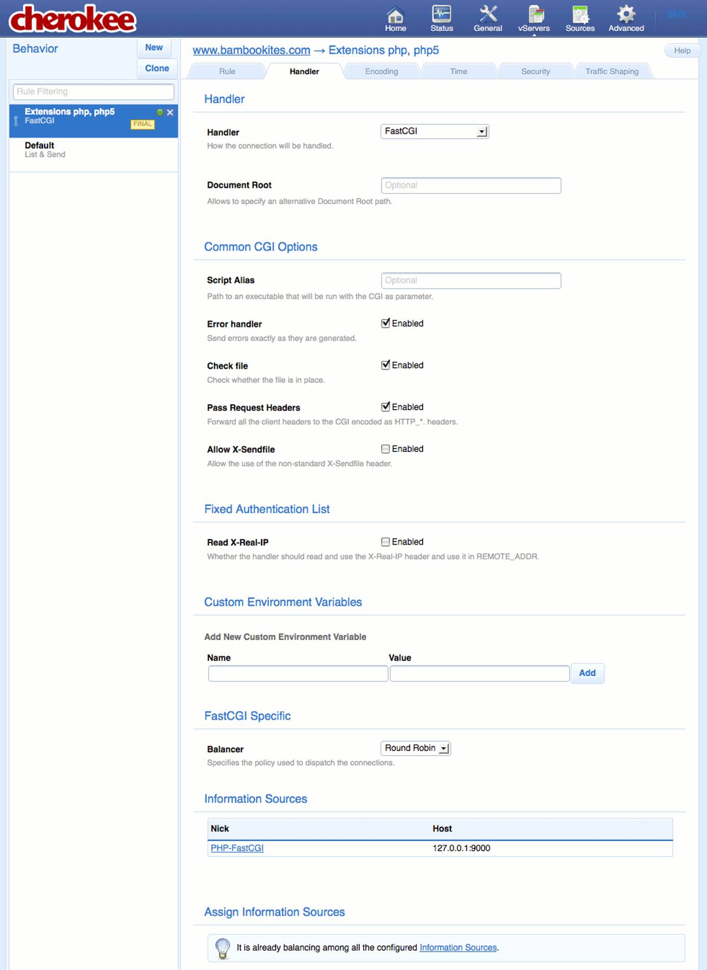 FastCGI settings for a new extensions rule on the Behavior tab on the vServers page of the Cherokee admin panel on Fedora 13.