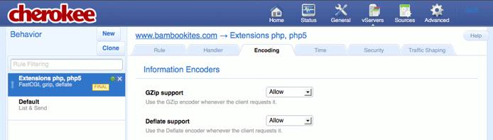 Enabling compression support for a new extensions rule on the Behavior tab on the vServers page of the Cherokee admin panel on Fedora 13.